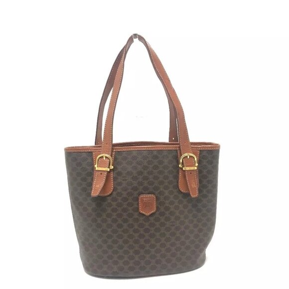CELINE vintage Macadam Bucket Hand Bag Tote Bag PVC/Leather Brown/GoldHardware - Picture 1 of 14